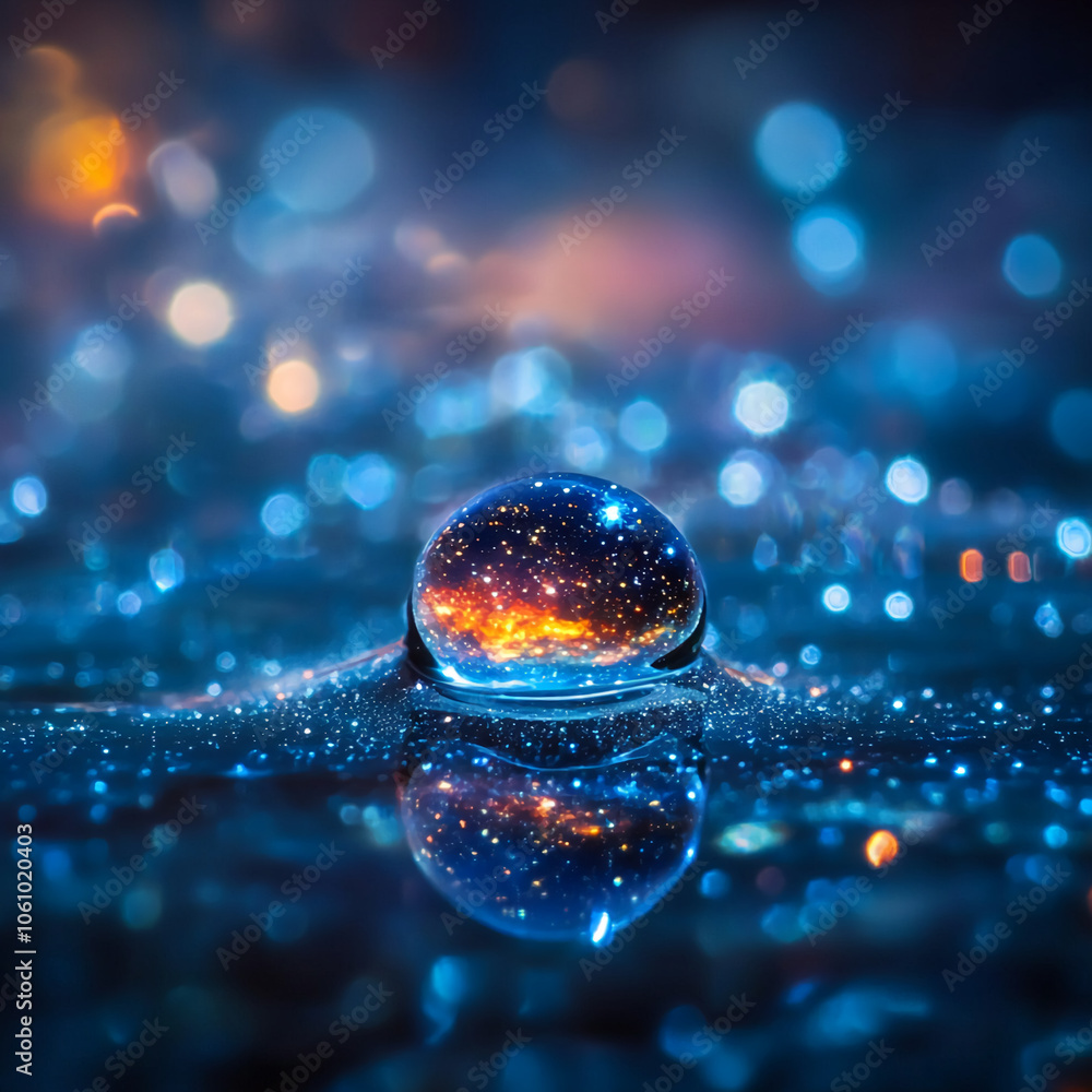 A single water droplet sits on a surface, reflecting the night sky and its twinkling stars A single water droplet sits on a surface, reflecting the night sky and its twinkling stars