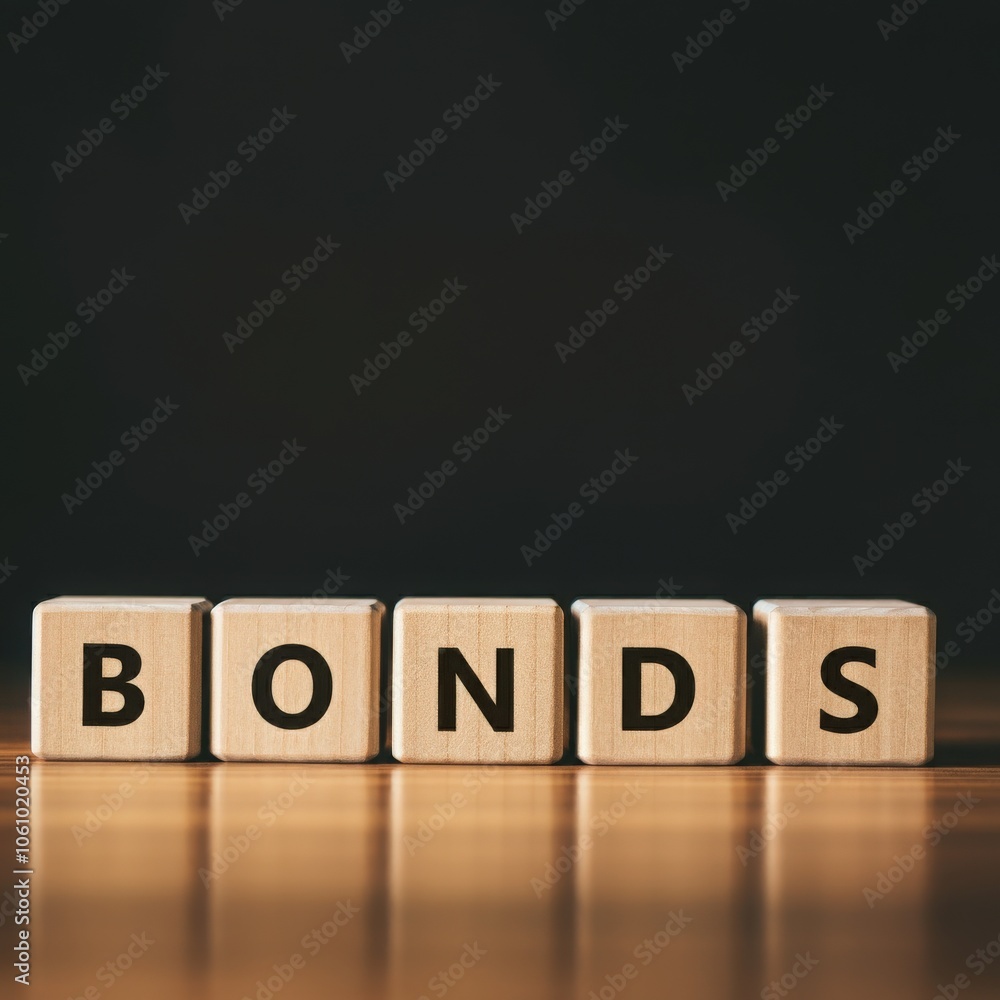 Obraz premium Wooden blocks spelling the word BONDS, concept of financial investments, market securities, and long-term stability displayed on polished wooden surface