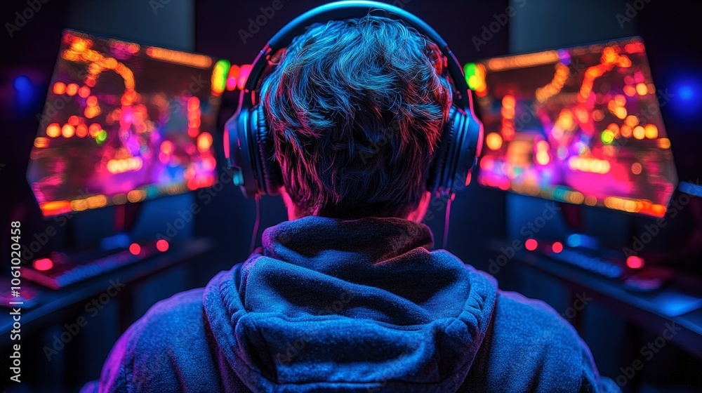 Intense Gamer in Neon Room with Dual Monitors