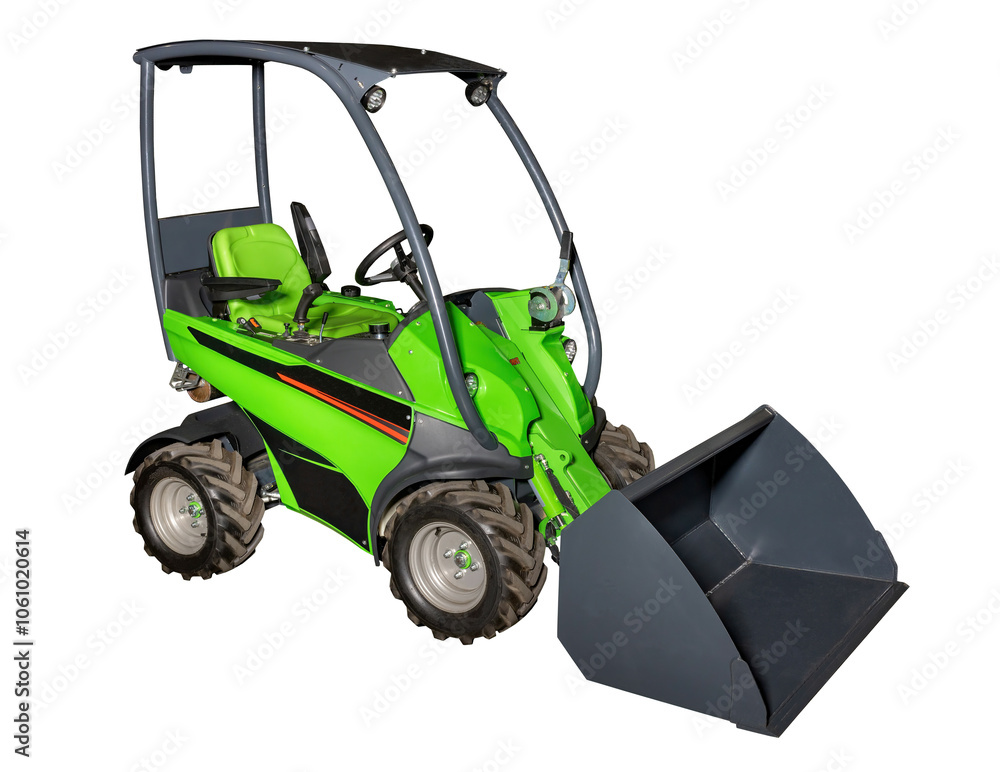 Compact green front loader on white background for construction and agriculture machinery concept. Isolated on white background.