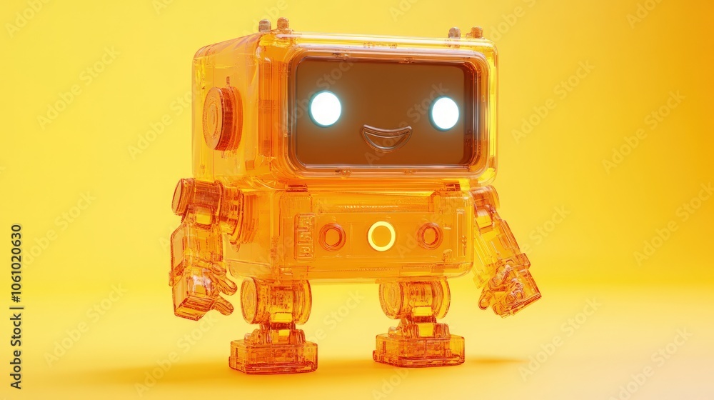 Fototapeta premium A cute, transparent, yellow robot with a smiling face and glowing eyes on a yellow background.