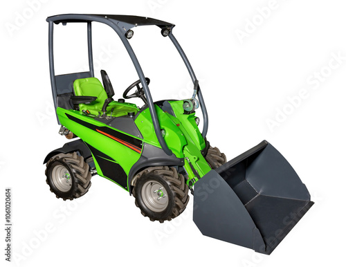 Obraz na płótnie Compact green front loader on white background for construction and agriculture machinery concept. Isolated on white background. w salonie