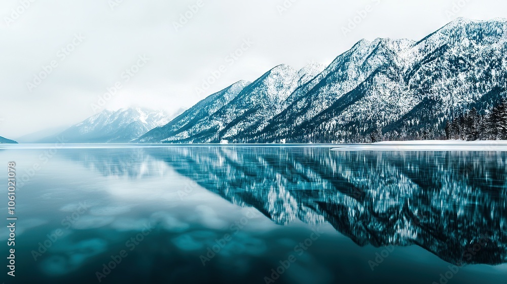 Φωτογραφία A vast expanse of water, encircled by snowy peaks and a dense, wooded mountain