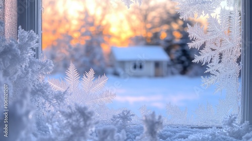 Frost-covered window with intricate patterns, capturing the delicate beauty of wintera??s chill. photo