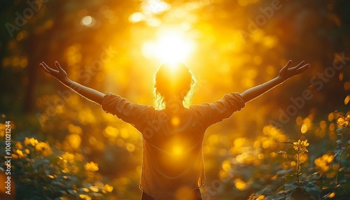 person raises hands to the sun as a sign of welcoming energy, concept of well-being, Well-being, energy, positivity, mindfulness