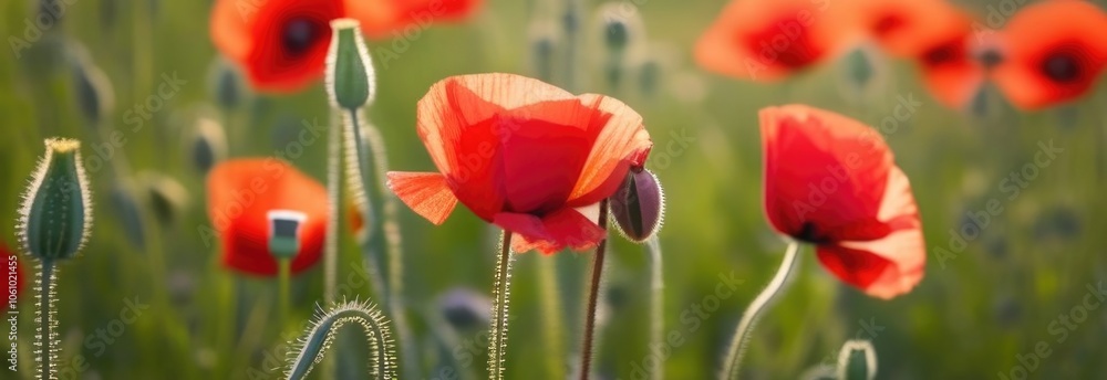 Fototapeta premium Painting of field of red poppies are in full bloom. Painting evokes sense of peace, tranquility, freshness. For greeting card, interior decor, print, textile design, social media content, event decor.