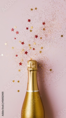 Golden Champagne Bottle with Popping Foil on Pink