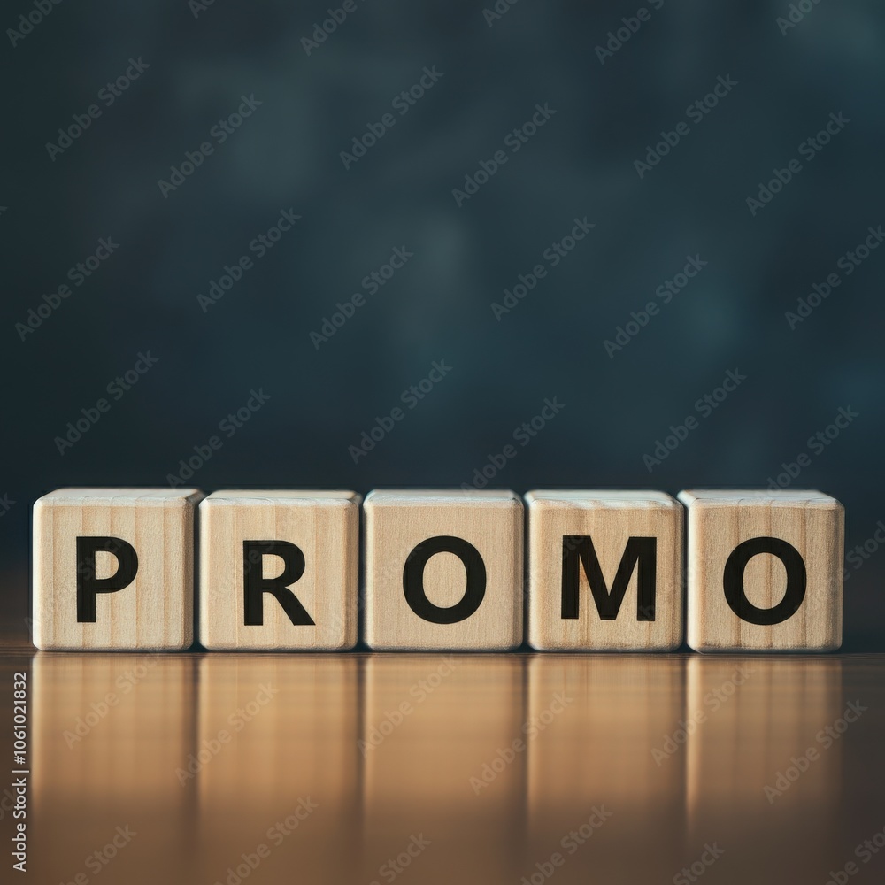 Wooden blocks spelling PROMO, concept of marketing, advertising, discounts, and promotional campaigns for sales and offers