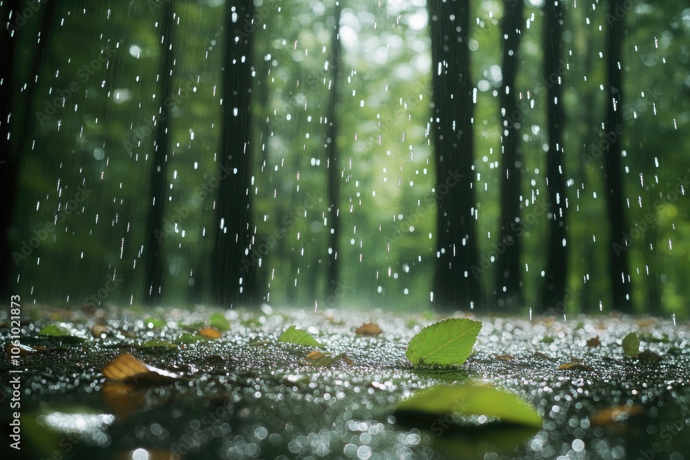 Gentle rainfall in a forest, with droplets clinging to leaves and the ground glistening from the moisture, creating a peaceful ambiance.