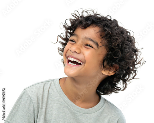 Portrait of a joyful boy with curly hair and a big smile, isolated on transparent background