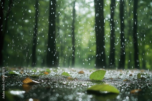 Obraz na płótnie Gentle rainfall in a forest, with droplets clinging to leaves and the ground glistening from the moisture, creating a peaceful ambiance. w salonie