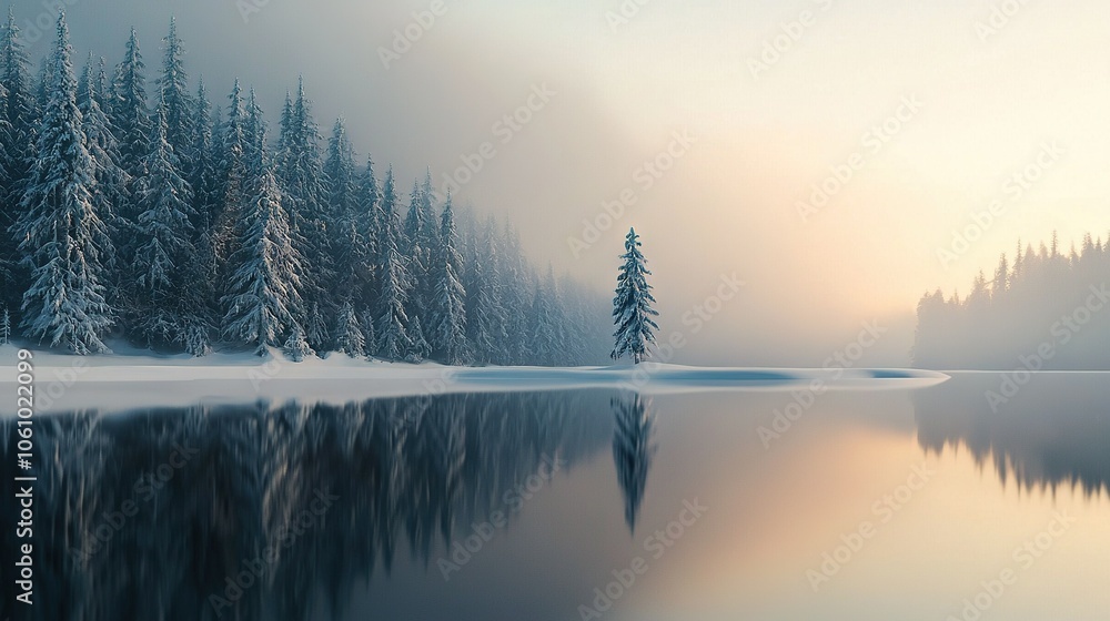 Fototapeta premium A serene lake encircled by snowy trees, framed by a mystic fog and bathed in the golden sunlight filtering through the treetops (42