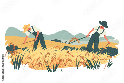 Farmers harvesting in rice fields isolated illustration