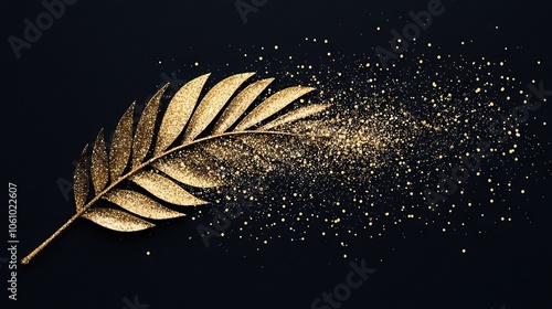   A close-up of a gold leaf on a black background with golden flakes in the shape of a leaf photo