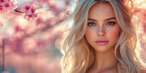 Close-up portrait of a beautiful woman surrounded by blooming sakura, capturing the essence of spring. Ideal for seasonal marketing, beauty and skincare ads or elegant website banners.