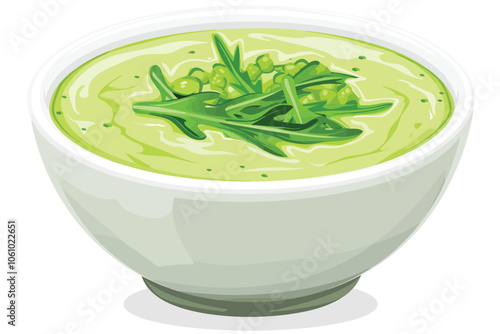 green romanesco cream soup with arugula in bowl isolated illustration