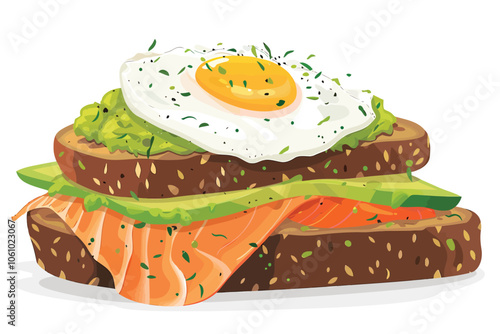 Pesto Smoked Salmon Avocado paste and Poached Egg toa isolated illustration