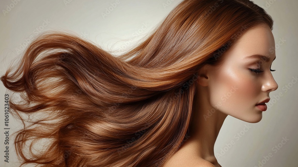 Beautiful woman with long flowing hair, side profile, light background. Beautiful woman with long flowing hair, side profile, light background.