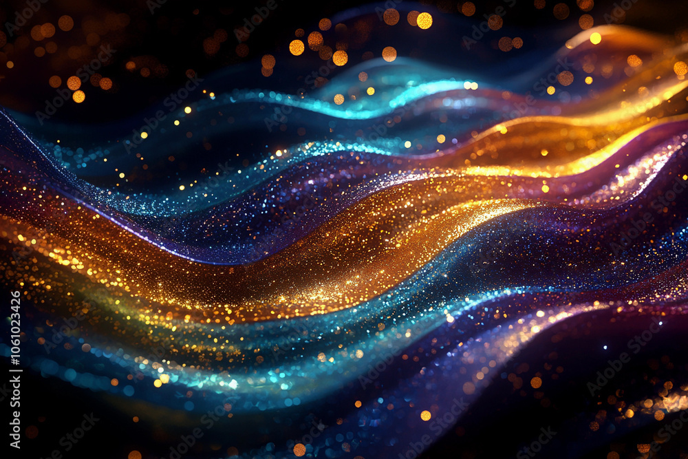 Glitter Rainbow Golden Wave Stripes Design. Shiny Gold and Blue moving lines design element on dark background Glitter Rainbow Golden Wave Stripes Design. Shiny Gold and Blue moving lines design element on dark background