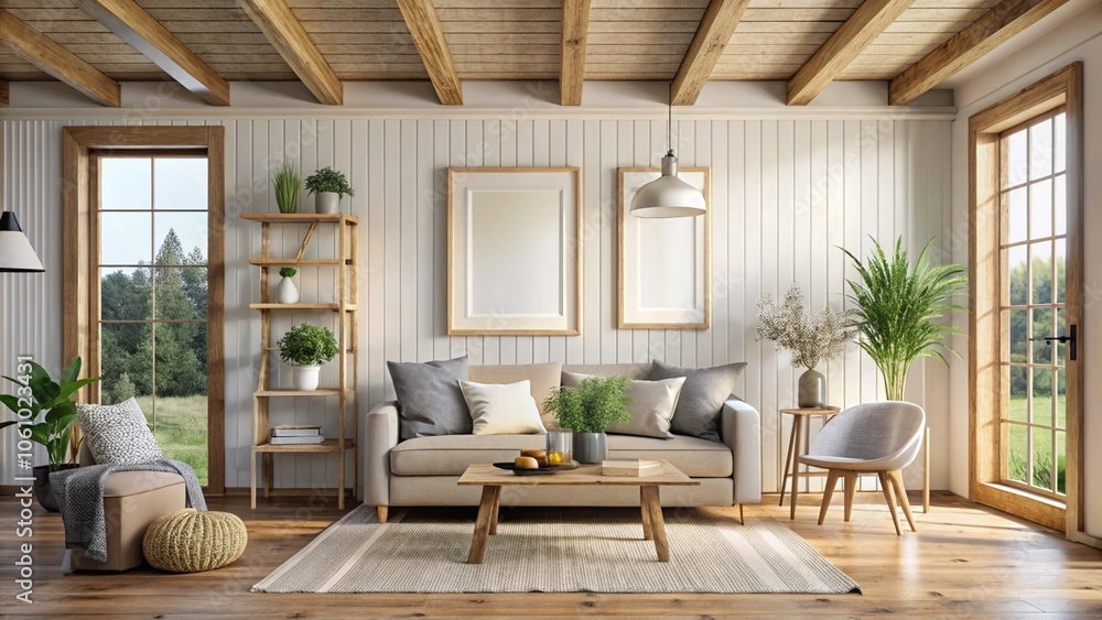 Mockup frame in farmhouse living room interior, 3d render Mockup frame in farmhouse living room interior, 3d render