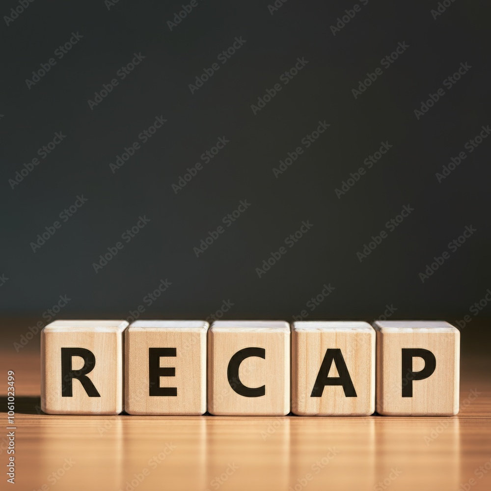 Obraz premium Wooden blocks spelling RECAP, concept of summarizing, review, overview, and important information in communication and presentations