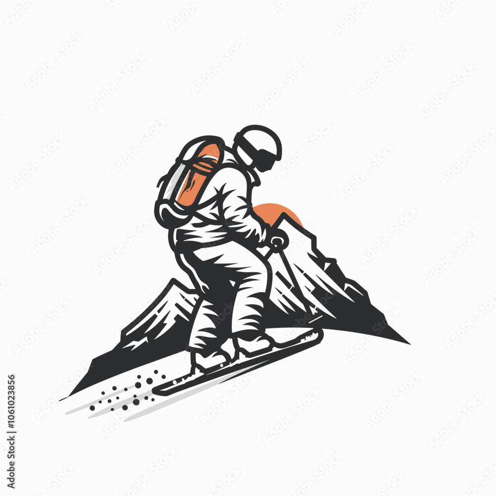 Man in a white suit is skiing down a mountain. He is wearing a backpack and a helmet Man in a white suit is skiing down a mountain. He is wearing a backpack and a helmet