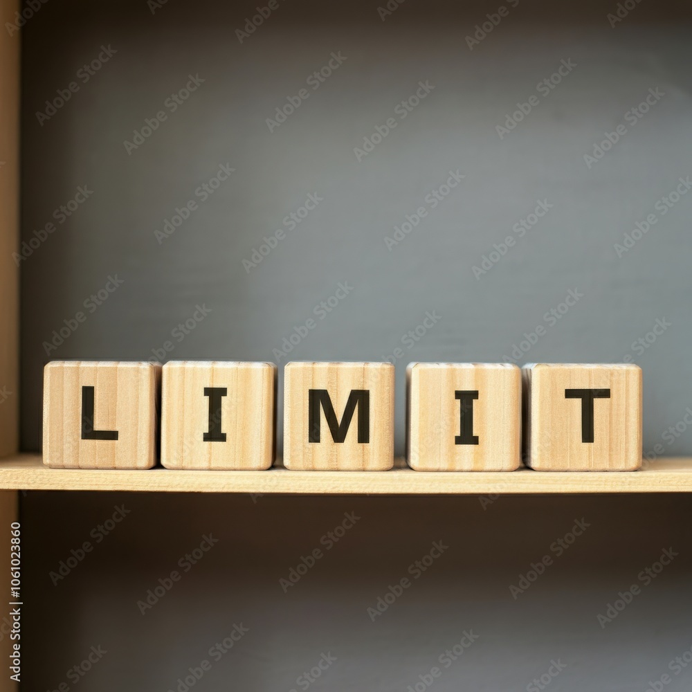 Obraz premium Wooden blocks spelling LIMIT, concept of boundaries, restriction, and controlled limits for growth or processes in business