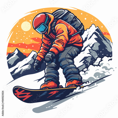 Man in a red jacket is snowboarding down a mountain. The image has a bright and cheerful mood, with the man's orange jacket and the sun shining in the background