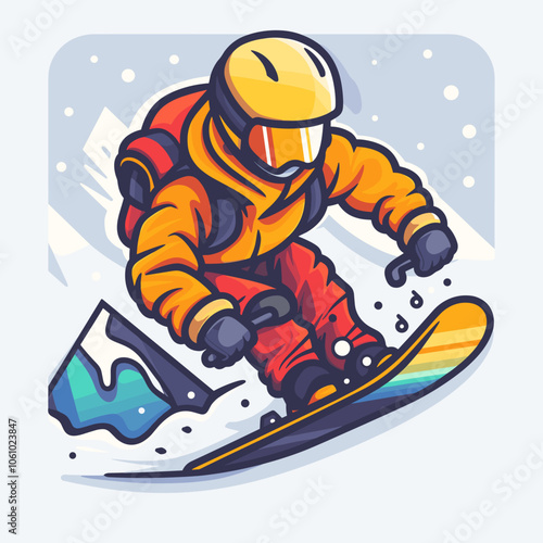Cartoon character is snowboarding down a mountain. The character is wearing a red jacket and orange pants