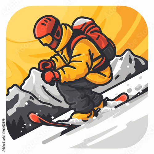 Man in a yellow jacket is skiing down a mountain. He is wearing a backpack and goggles