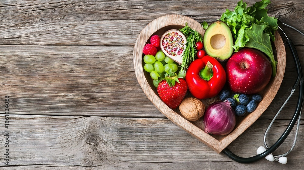 A wooden bowl shaped like a heart brims with fruits and veggies near a stethoscope on a wooden table A wooden bowl shaped like a heart brims with fruits and veggies near a stethoscope on a wooden table