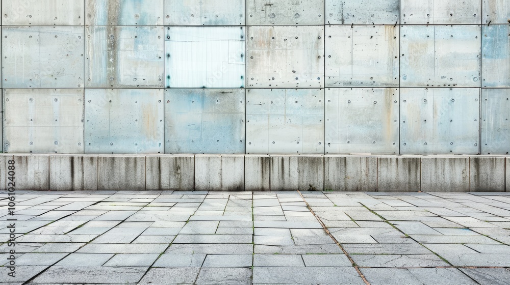 Concrete block wall with windows and tiled sidewalk as background. Concrete block wall with windows and tiled sidewalk as background.