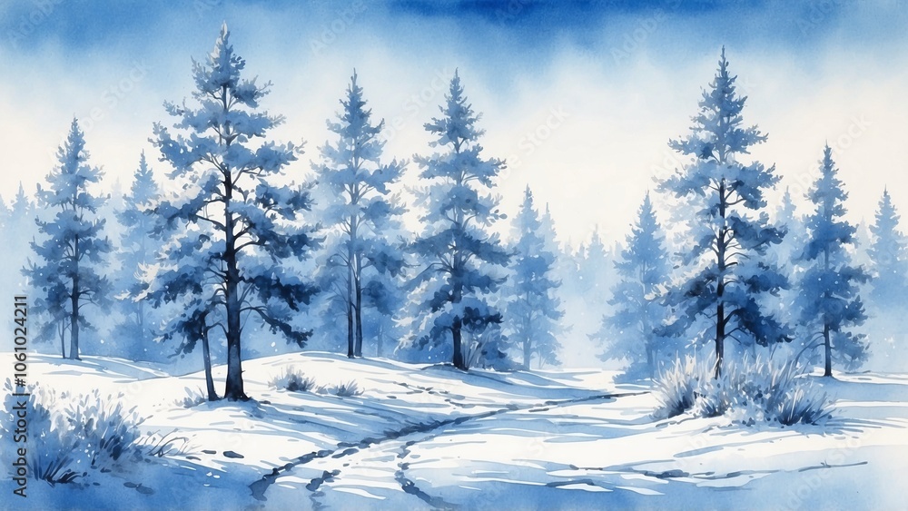 Naklejka premium Serene winter landscape with snow-covered trees and soft blue tones in watercolor style