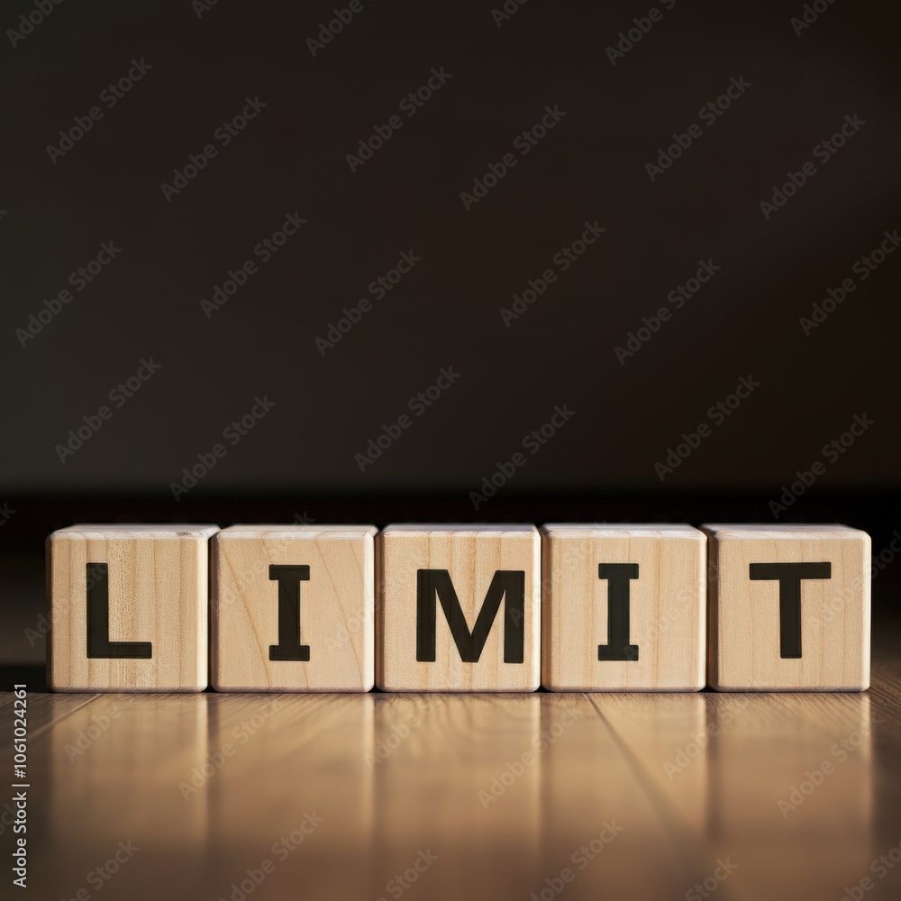 Obraz premium Wooden blocks spelling LIMIT, concept of boundaries, restriction, and controlled limits for growth or processes in business