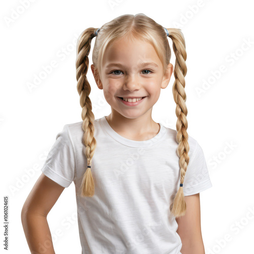 Close-up portrait of a cheerful young girl with pigtails and a big smile, isolated on transparent background