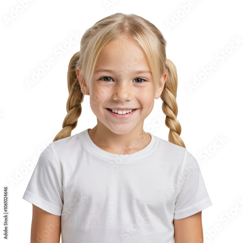 Close-up portrait of a cheerful young girl with pigtails and a big smile, isolated on transparent background