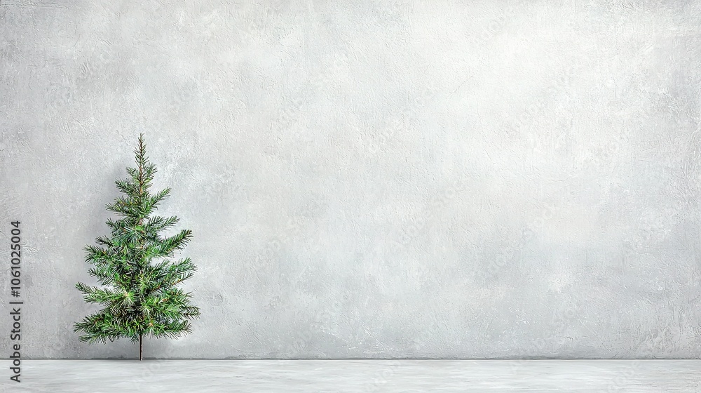 Fototapeta premium A concrete wall stands tall in front of a small pine tree In the foreground is a planter, while a potted plant rests nearby