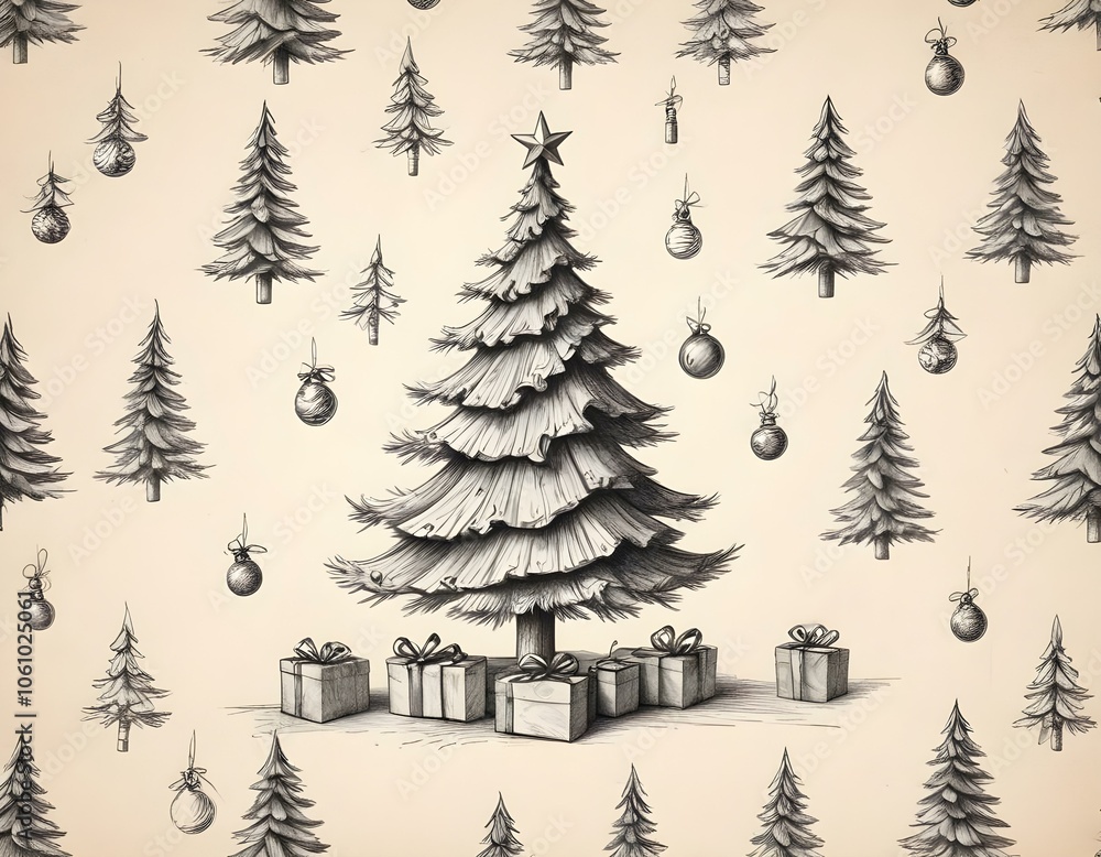 Obraz premium A flat lay of Christmas decorated paper, adorned with gold stars and silver ornaments, on a rustic dark wooden table, with a cozy red and white knitted scarf beside it. fir beanches, small lights, 