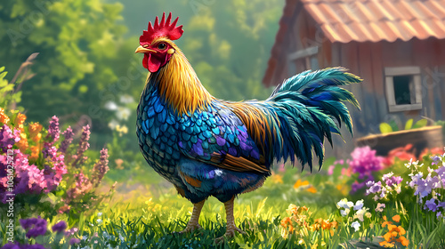 A Beautiful Representation of a Wyandotte Chicken in a Serene Farm Environment Surrounded by Lush Flora photo