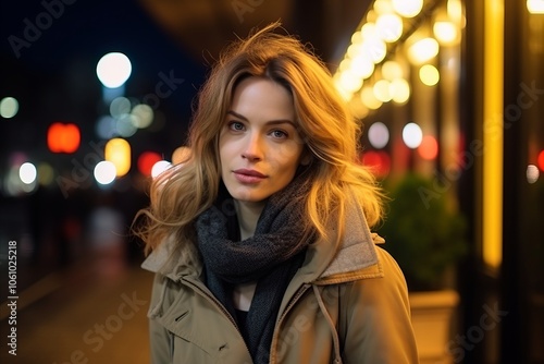 Closeup portrait of a beautiful young woman in the city at night