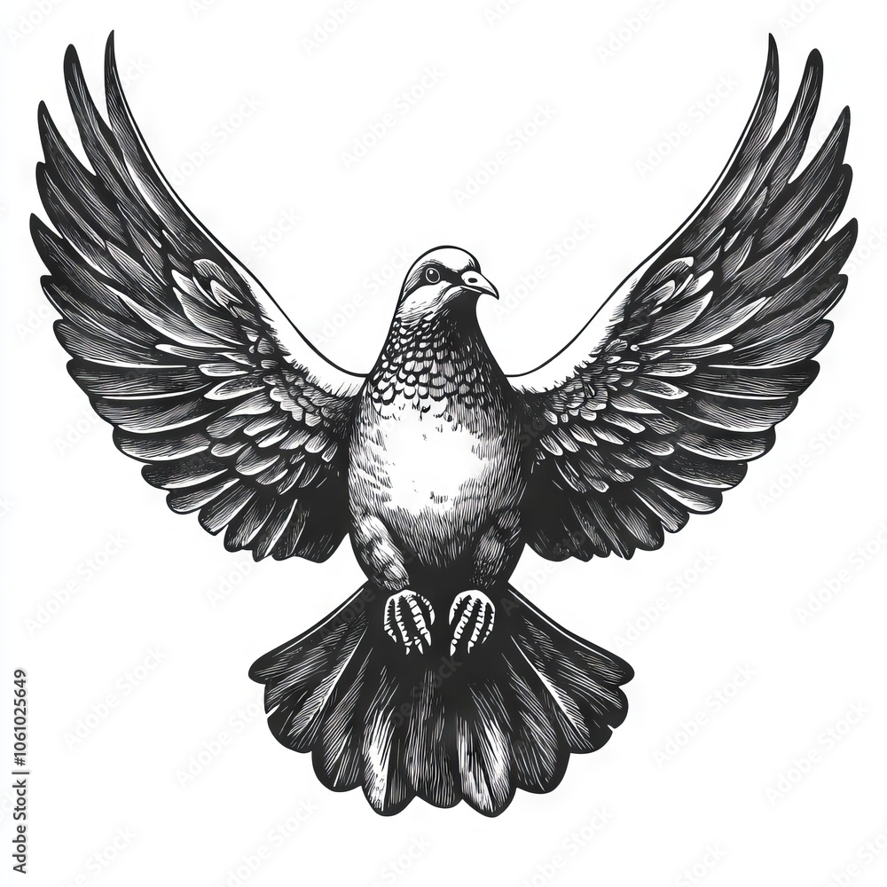 Fototapeta premium Black and white illustration of a dove with wings spread.