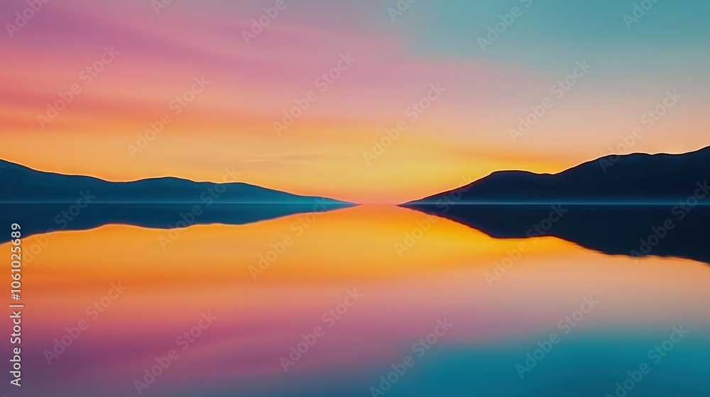Fototapeta premium A vast expanse of water stretches out towards the majestic mountains on the horizon, bathed in the warm glow of a stunning sunset