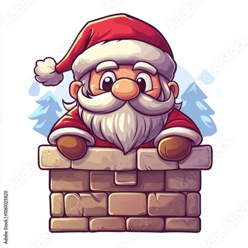 Santa Claus peeks over a chimney.