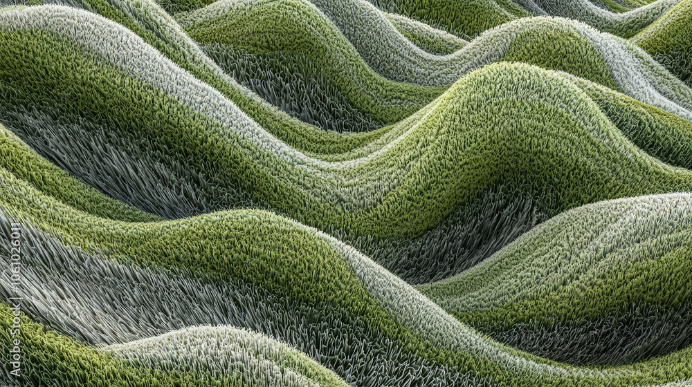 A hyper-detailed, high-contrast 3D rendering of abstract grass waves in green and gray tones. Generative AI A hyper-detailed, high-contrast 3D rendering of abstract grass waves in green and gray tones. Generative AI