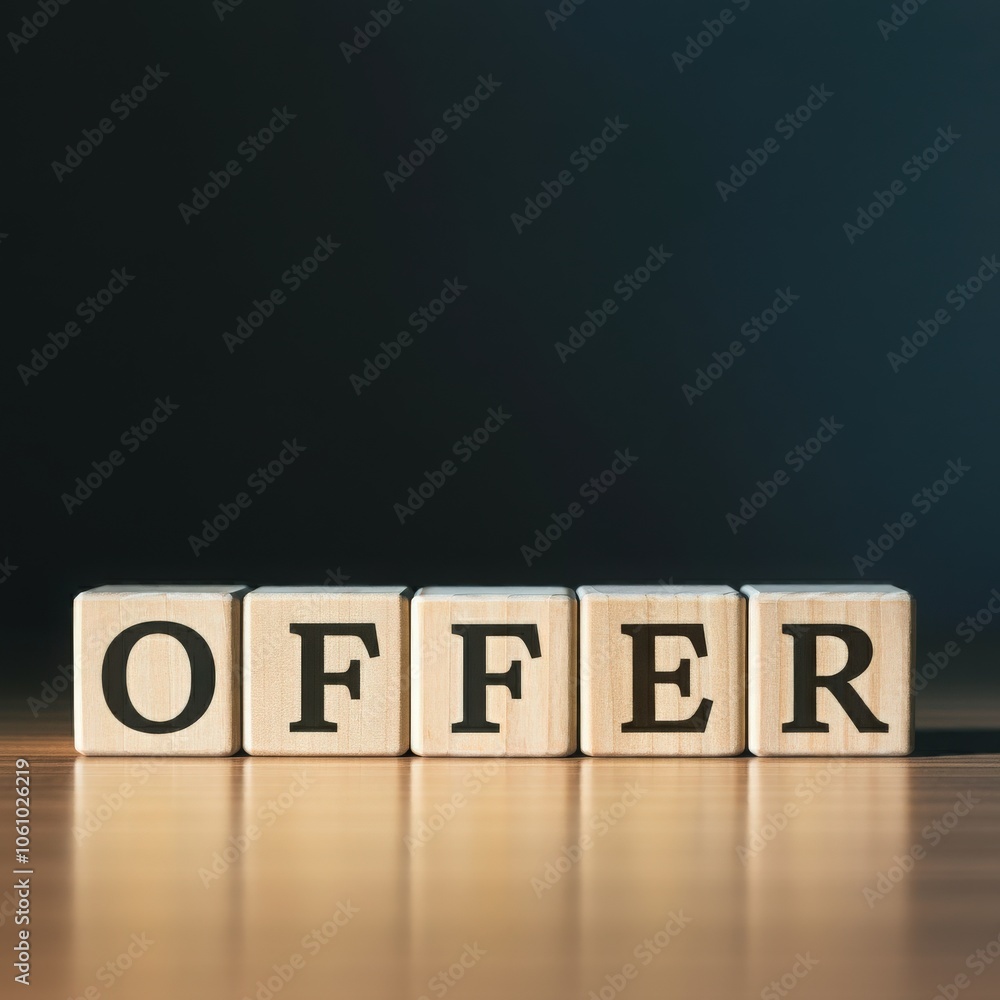Obraz premium Wooden blocks spelling OFFER, concept of business deals, promotions, and exclusive discounts for customer engagemen