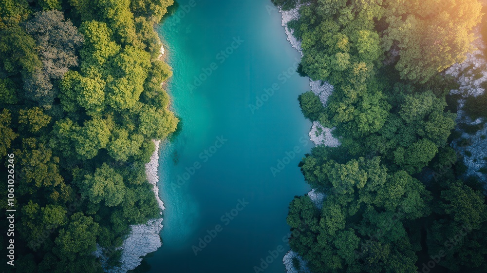 Aerial View of Tranquil River Surrounded by Lush Trees Aerial View of Tranquil River Surrounded by Lush Trees