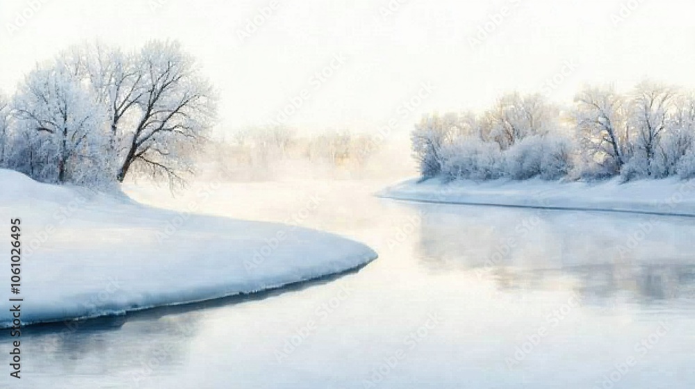 A frozen lake bordered by a snowy hillside, featuring towering snow-covered trees on either side A frozen lake bordered by a snowy hillside, featuring towering snow-covered trees on either side