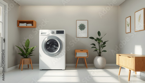 Stylish laundry room interior with washing machine, furniture and houseplant isolated with white shades, png