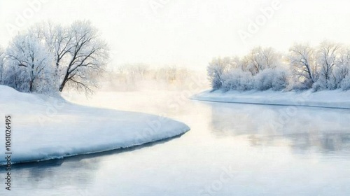 Wallpaper Mural   A frozen lake bordered by a snowy hillside, featuring towering snow-covered trees on either side Torontodigital.ca