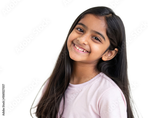 Portrait of a smiling young girl with long dark hair, isolated on transparent background